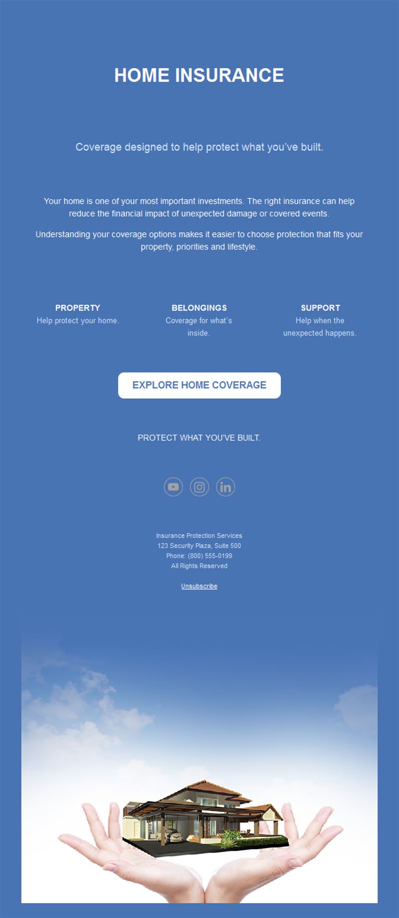 Home insurance email with house in hands