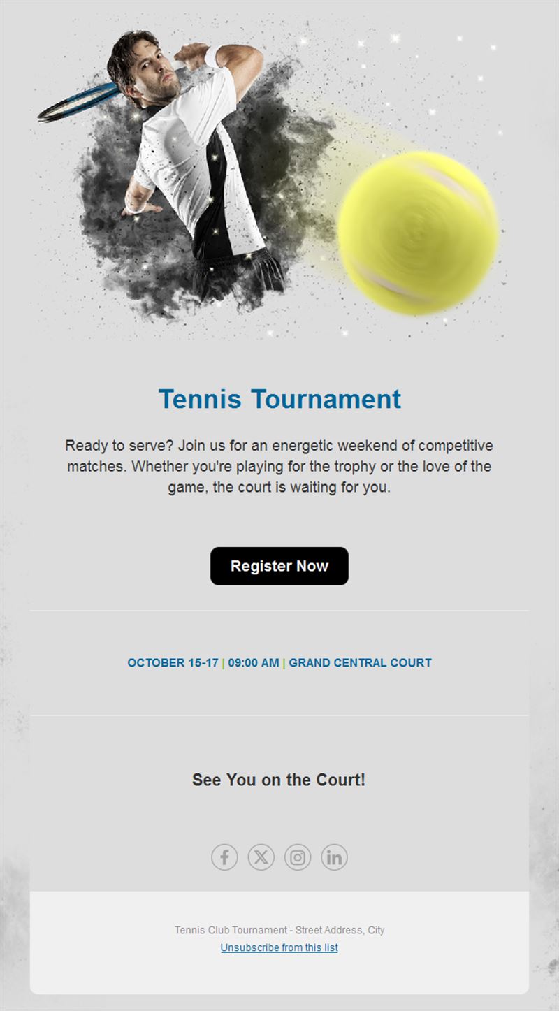 Tennis tournament registration email