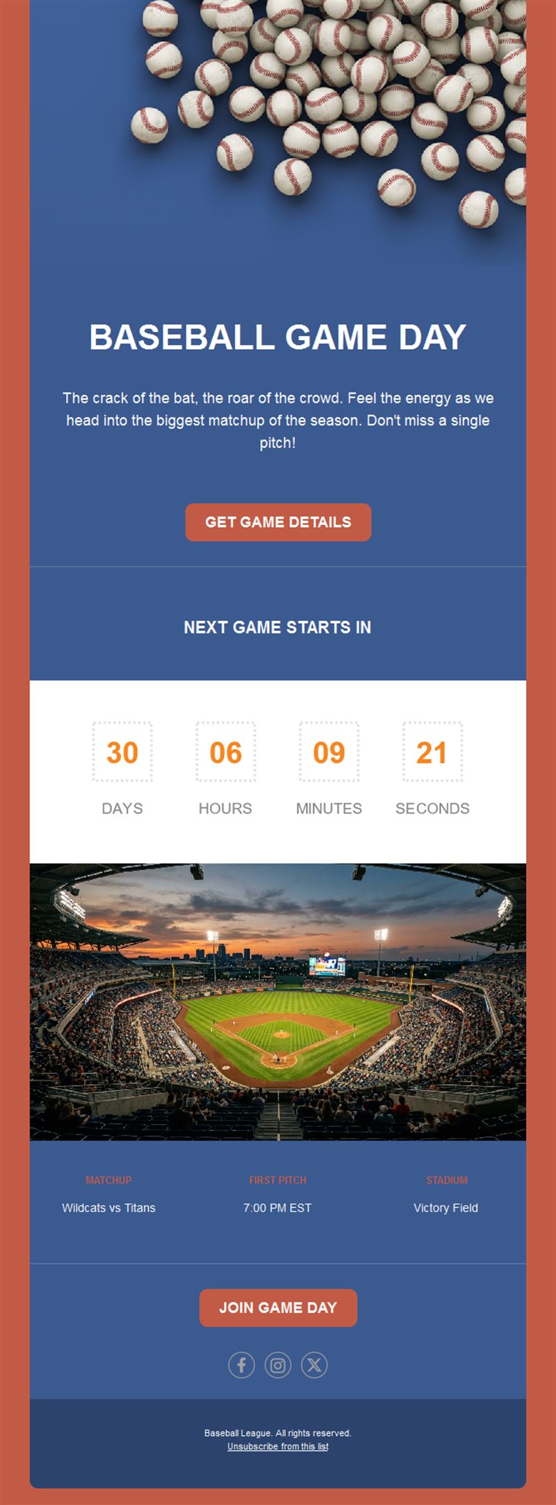 Baseball game day email with countdown