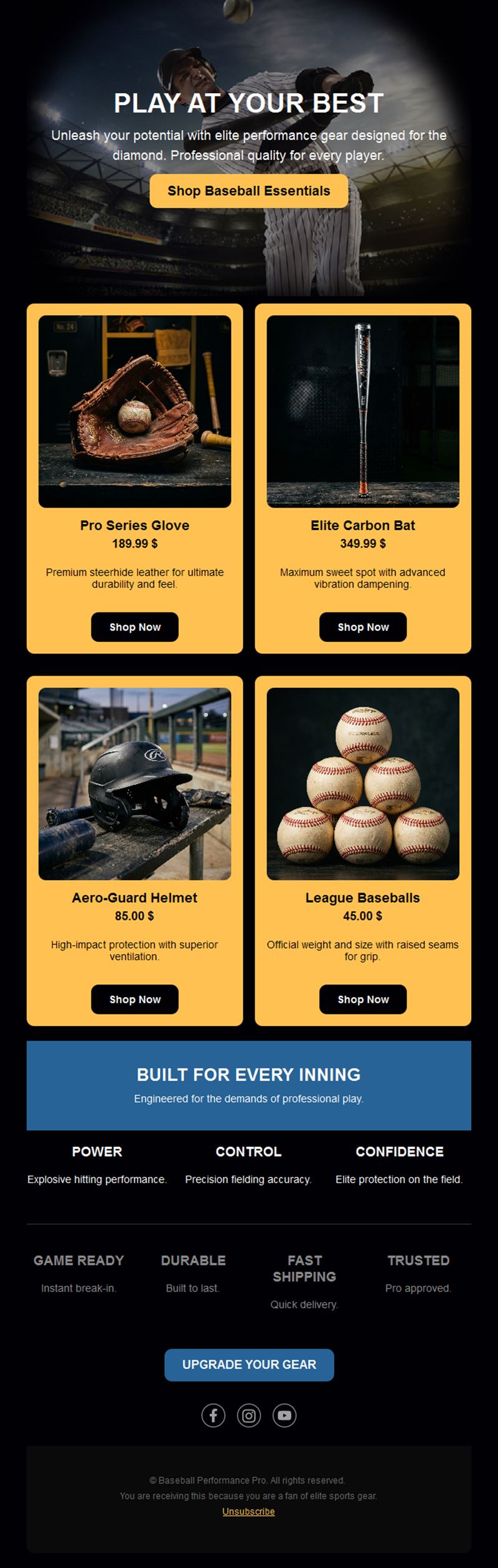 Premium baseball equipment sale email