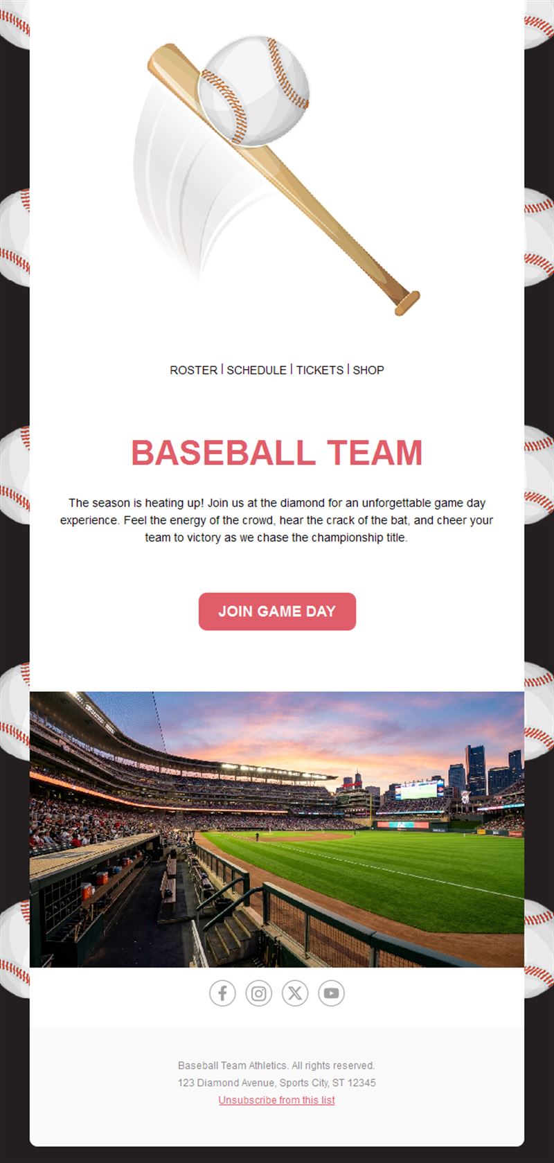 Baseball team game day invitation email