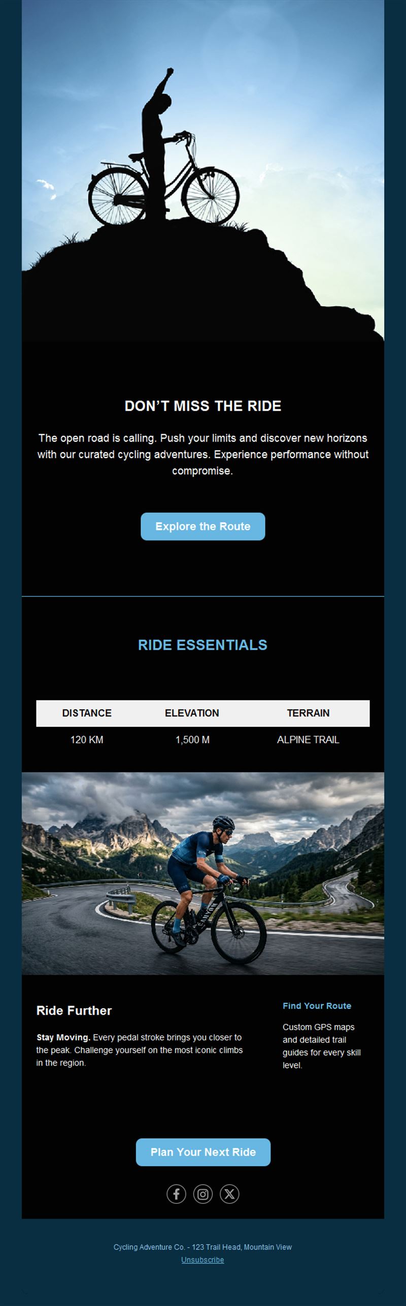 Cycling route and ride details email