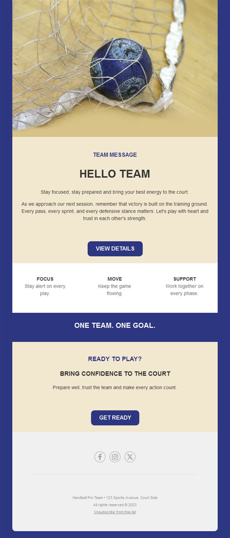 Handball team message email template