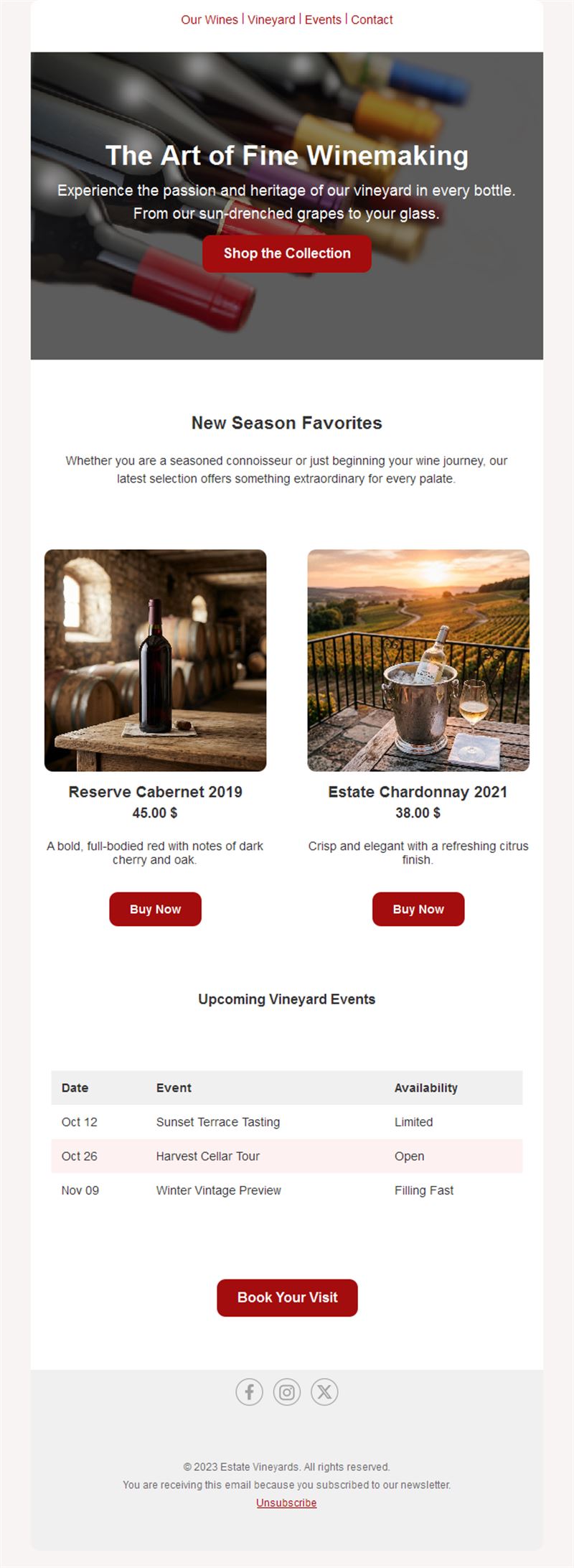 Winery newsletter with vineyard events