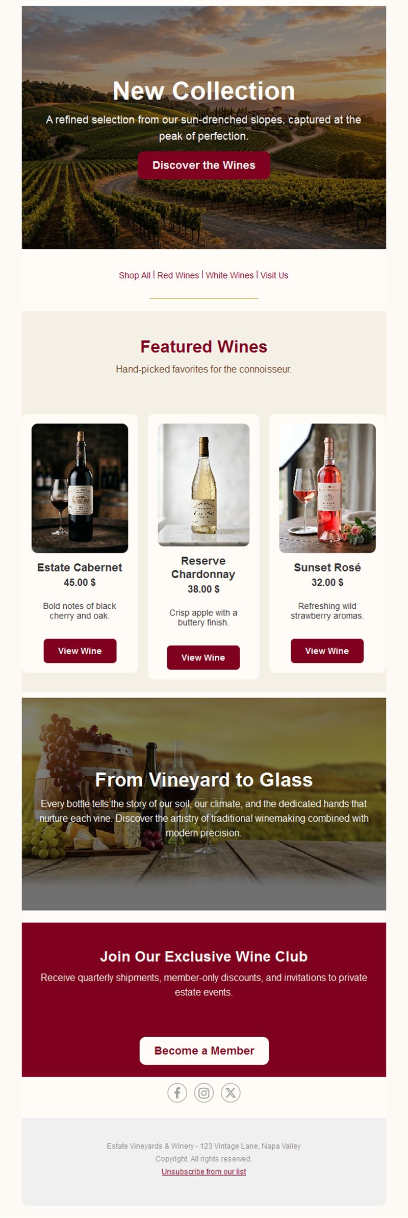 Winery featured wines and wine club email
