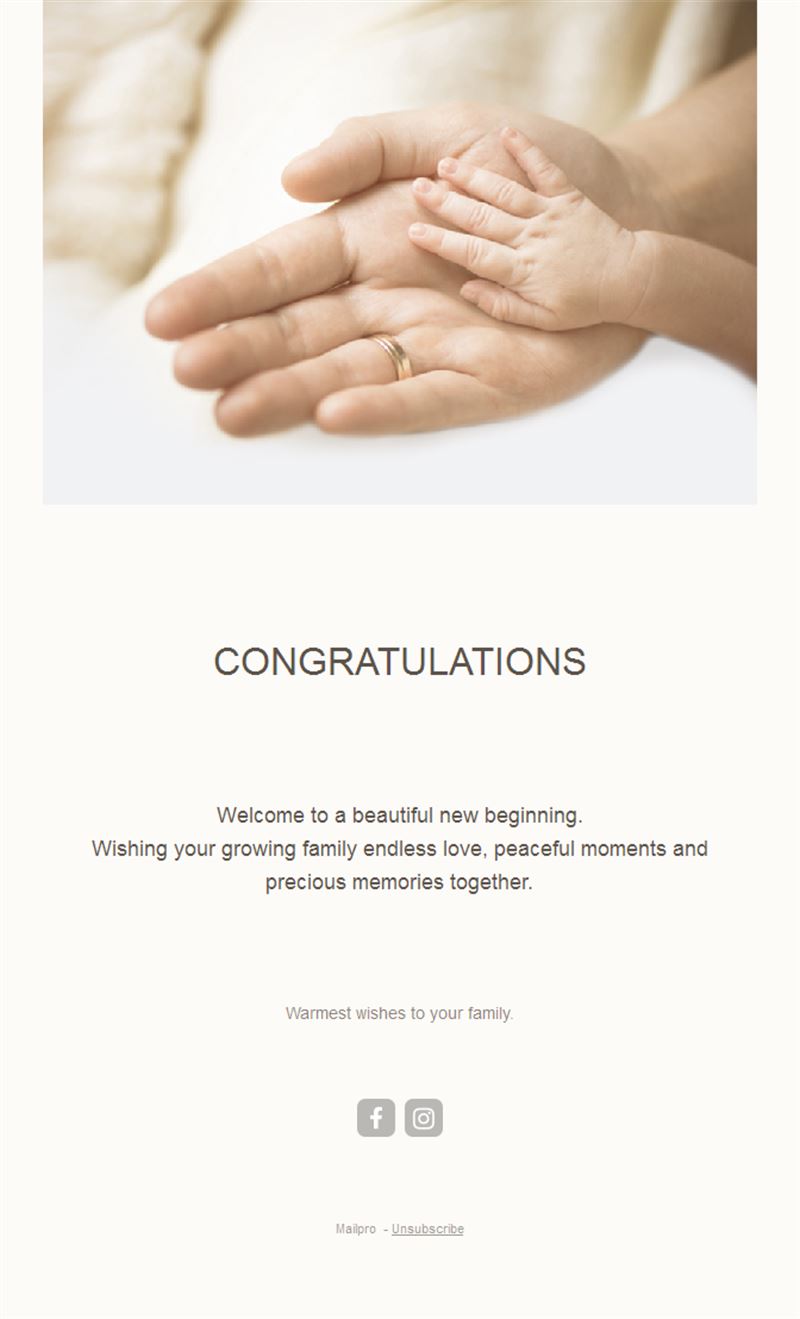 Minimal baby hand congratulations email