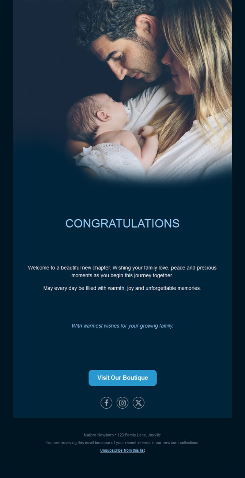 Navy baby boutique congratulations email