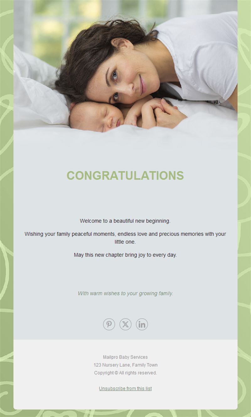 Green baby birth congratulations email