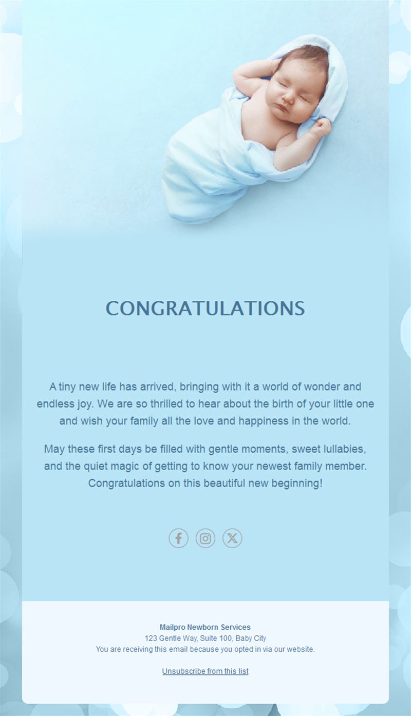 Light blue newborn congratulations email