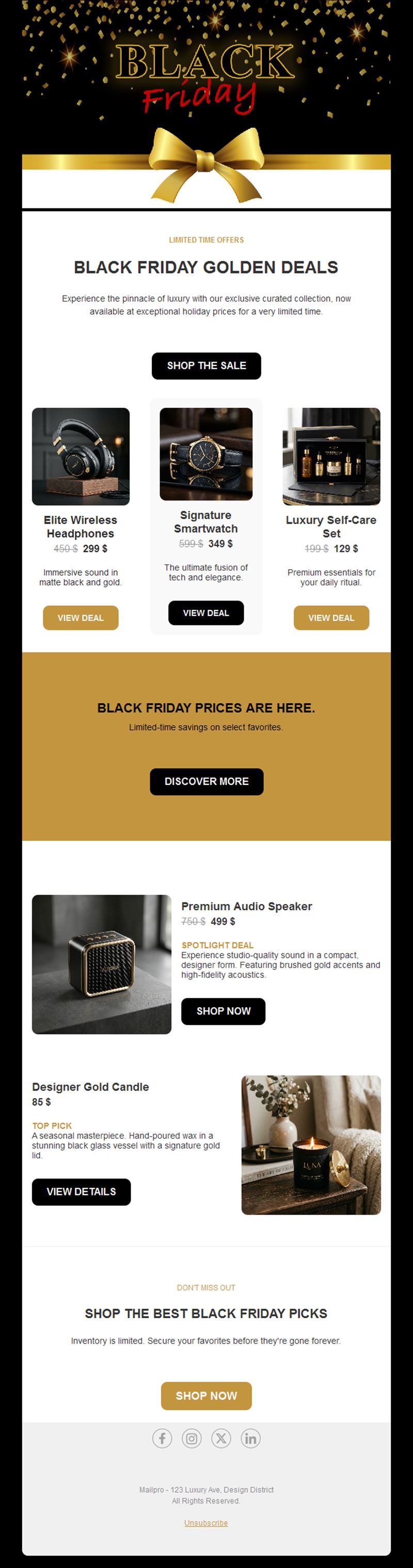 Black and gold Black Friday deals email
