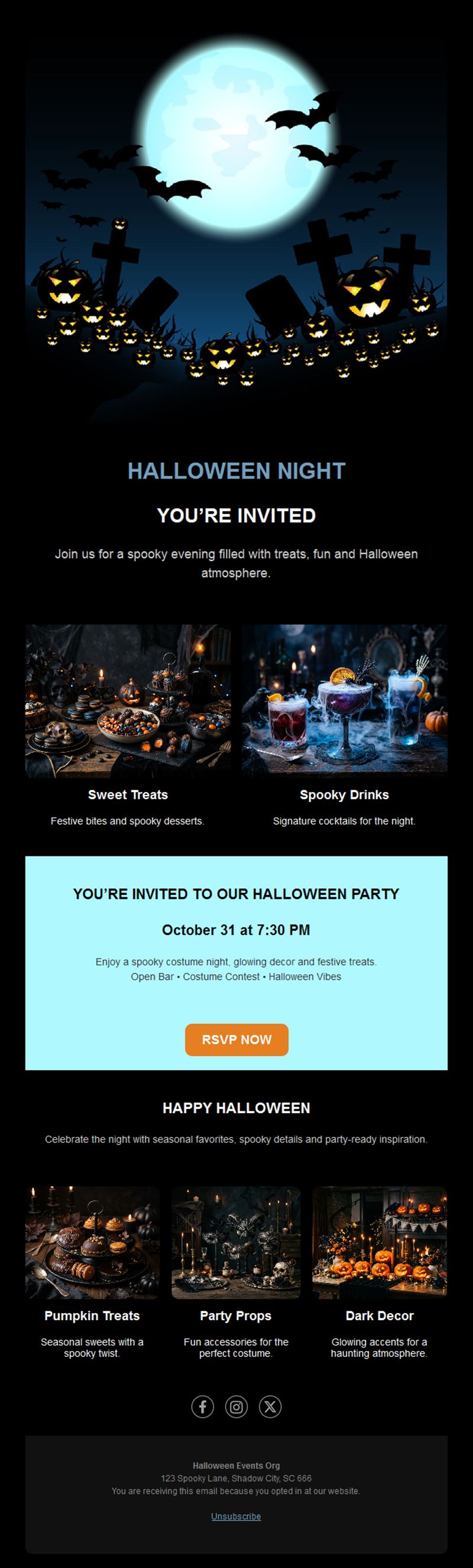 Halloween night party email with menu