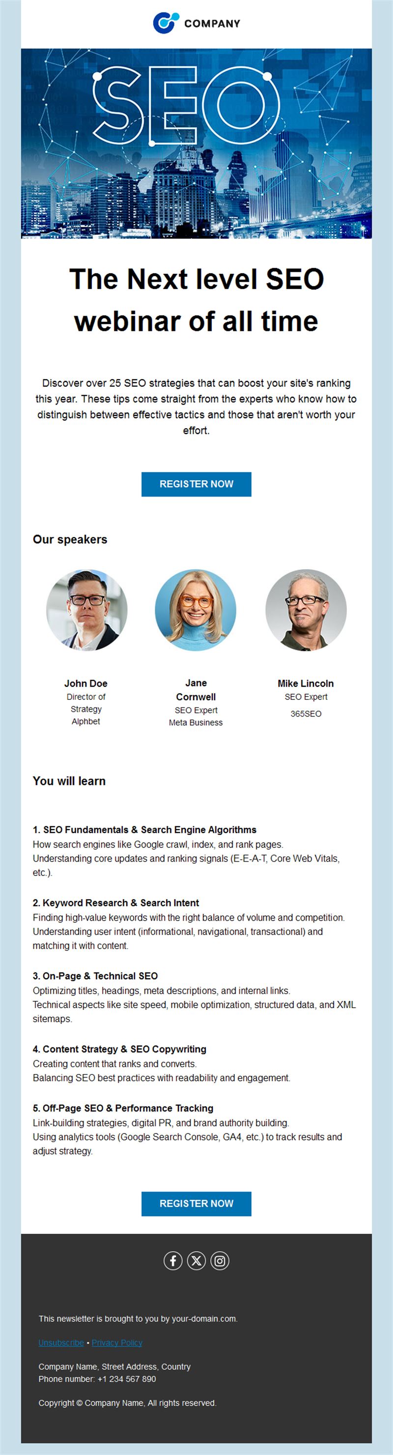 Webinar invitation email with speakers