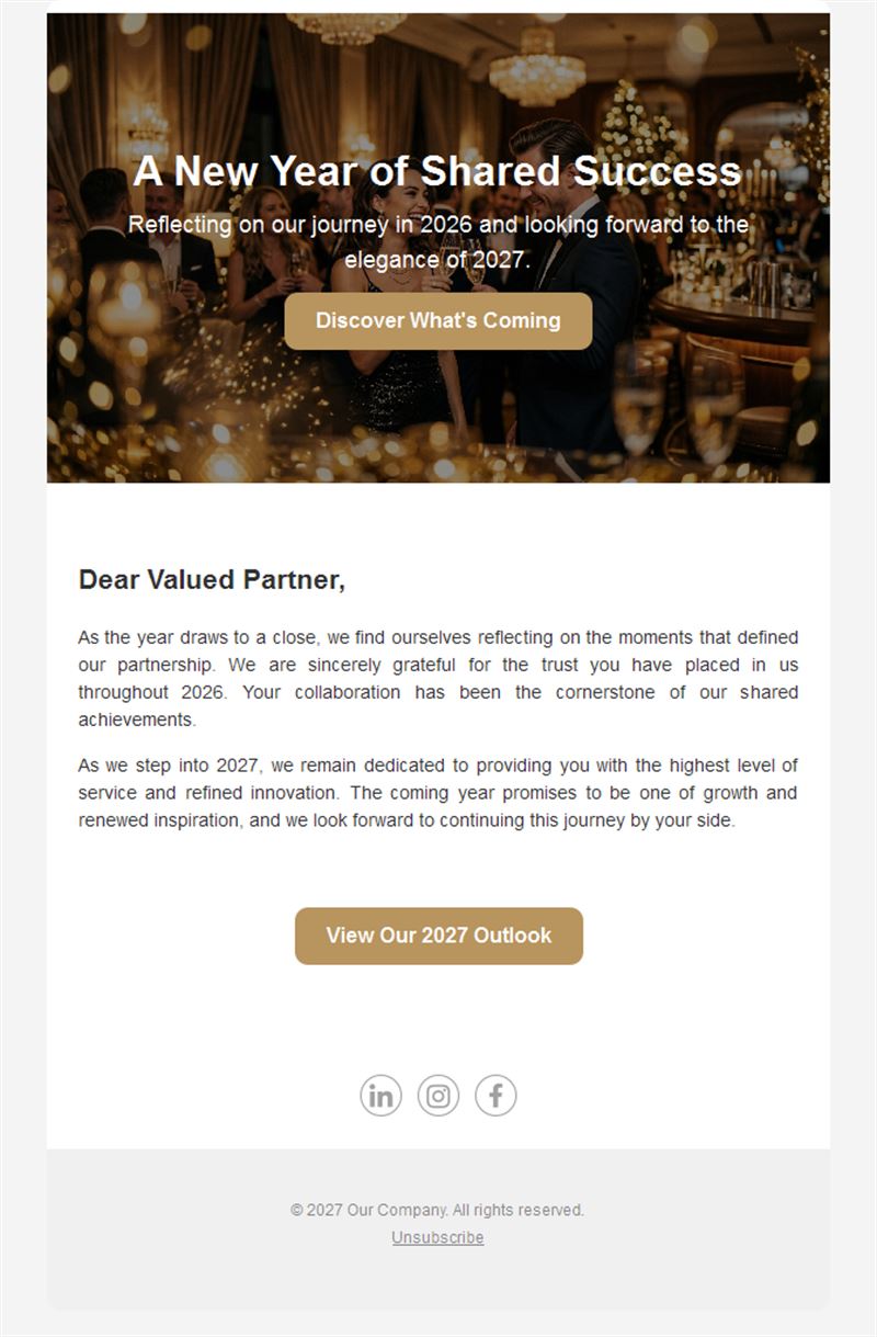 Elegant New Year 2027 greetings email template