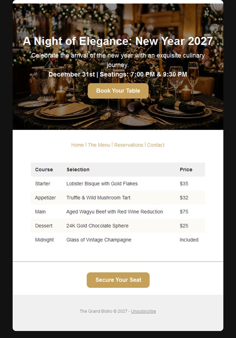 New Year's Eve 2027 dinner invitation email
