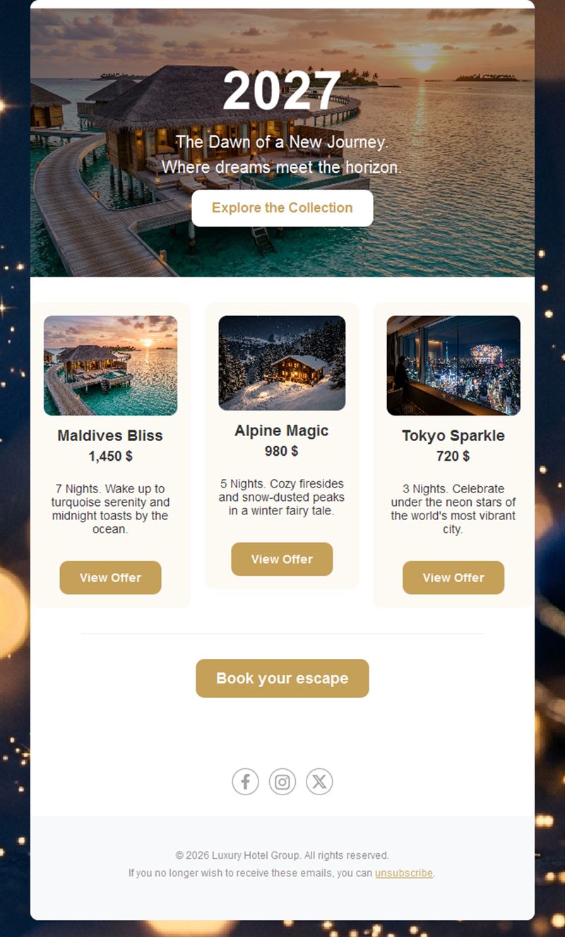 New Year 2027 getaway email template