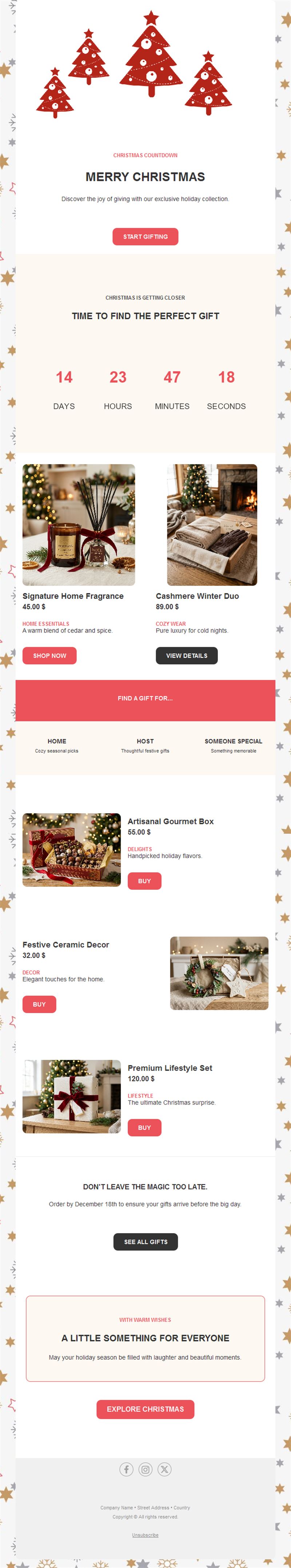 Christmas countdown email with gift ideas
