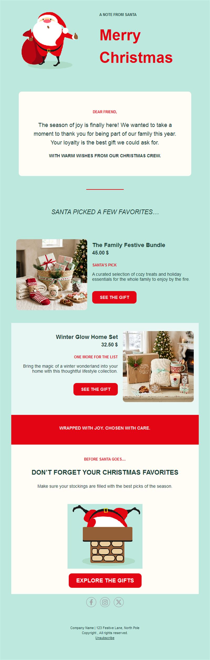 Santa Christmas email with gift picks