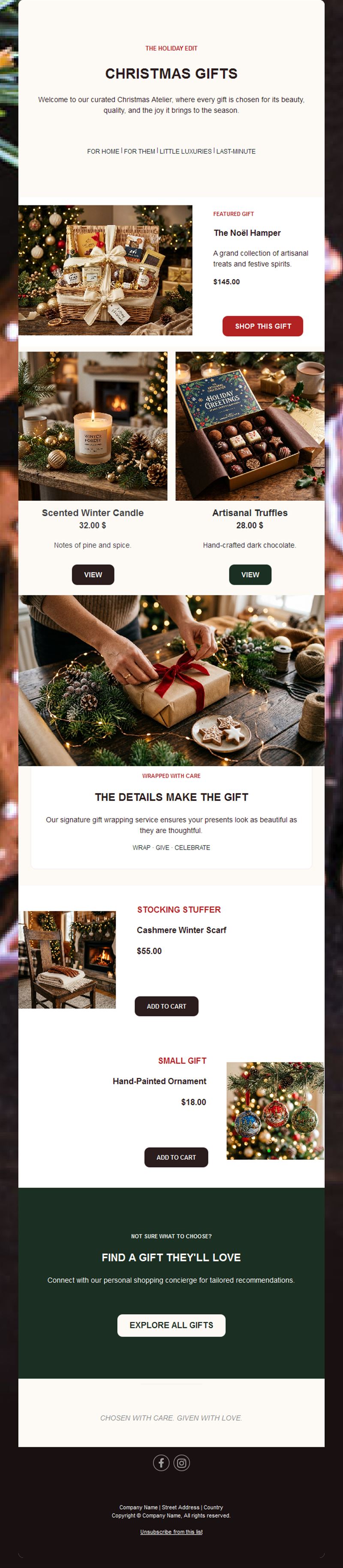 Christmas gift guide email with products