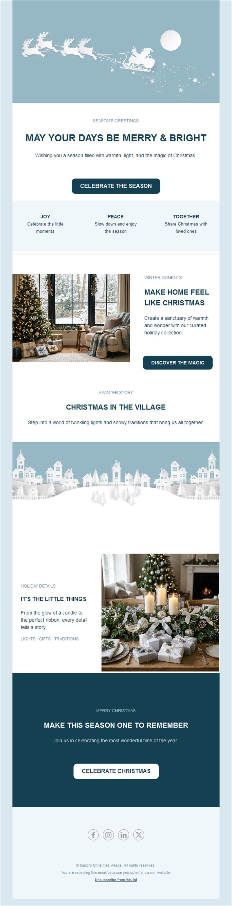 Snowy village Christmas greetings email