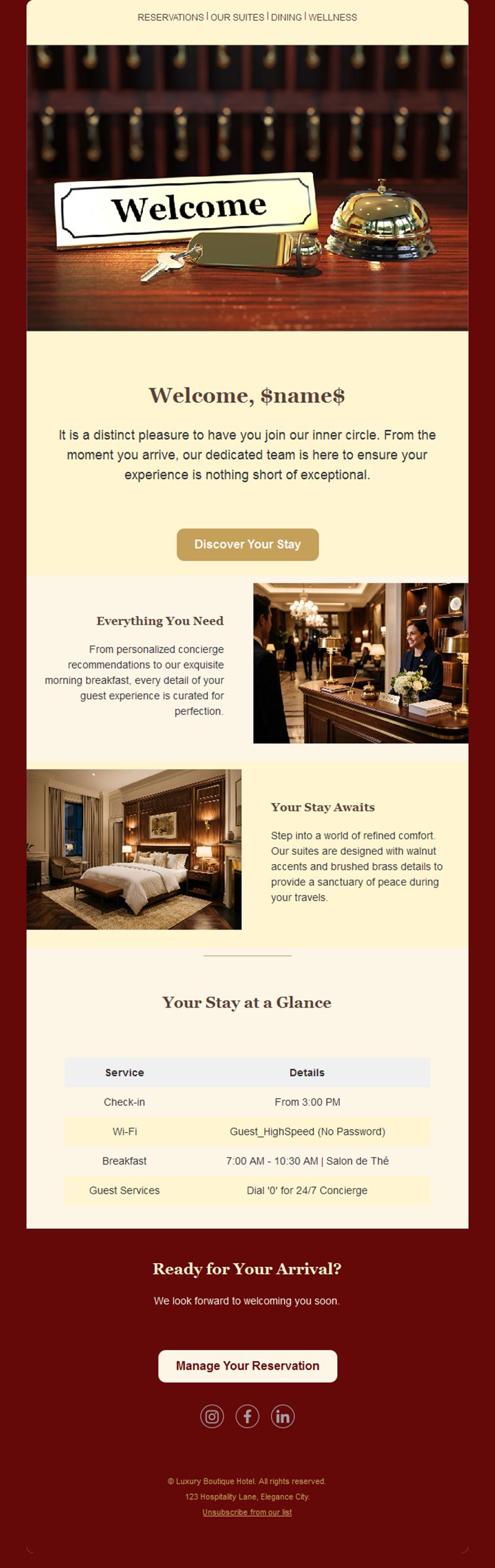 Hotel guest welcome email template