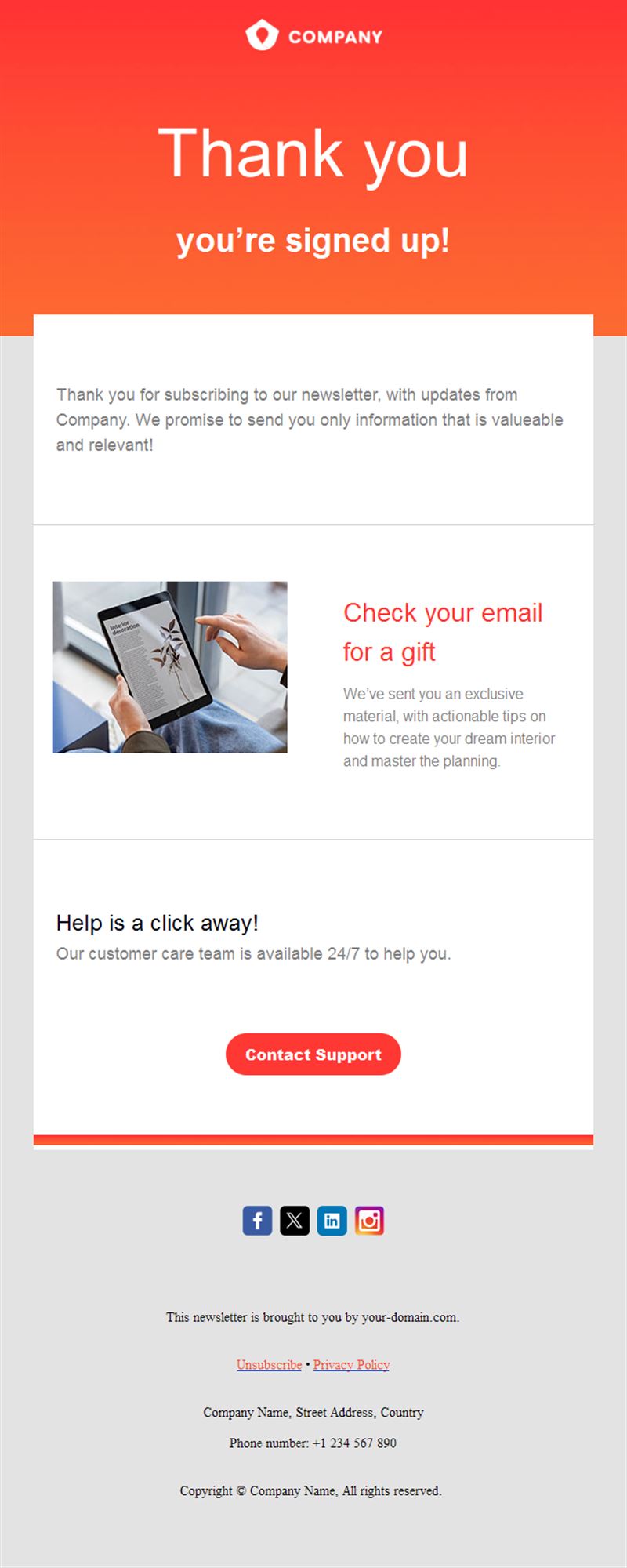 Newsletter sign-up thank-you email template