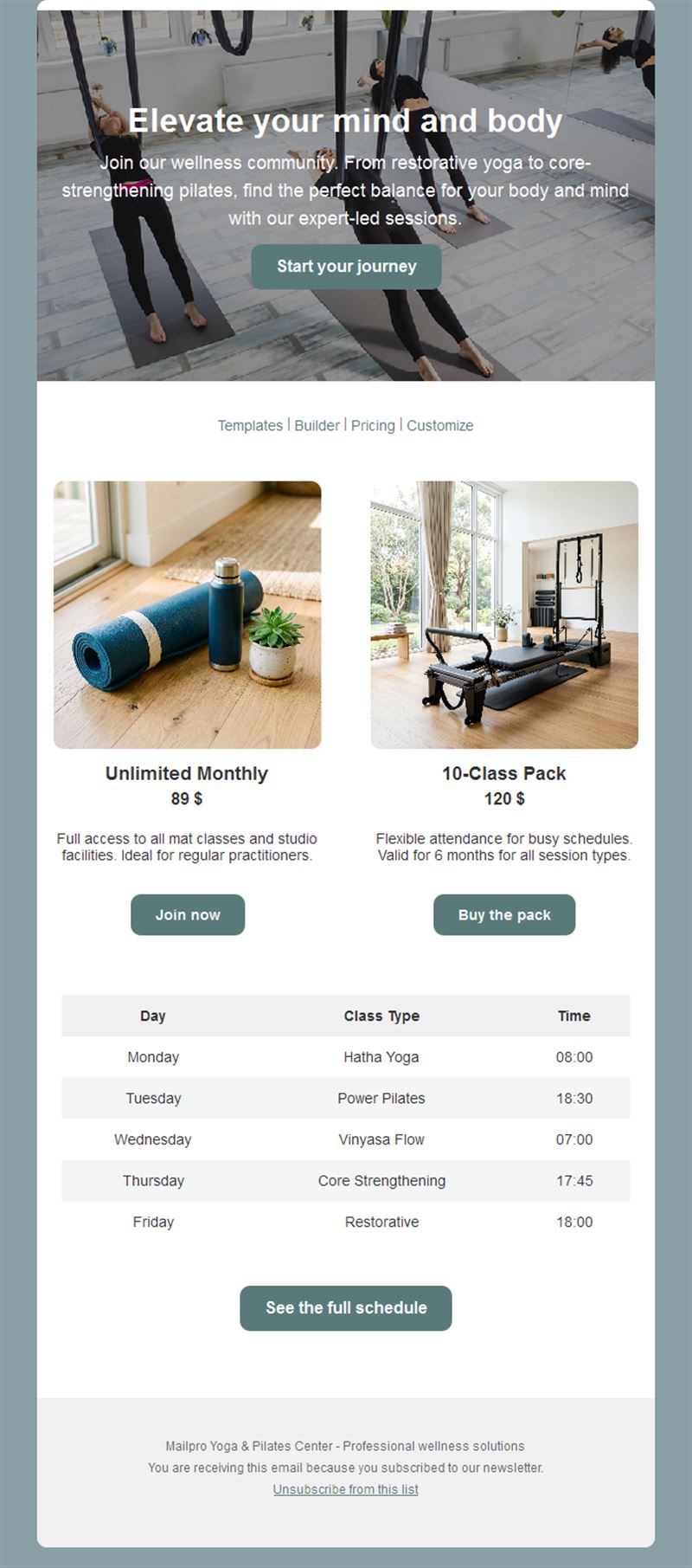 Yoga pilates memberships and schedule email