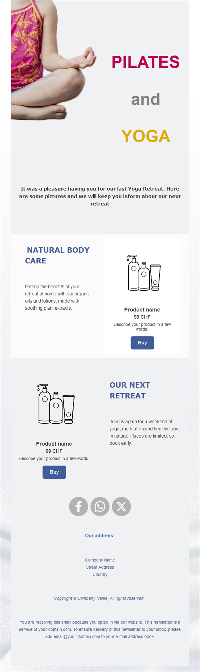 Yoga retreat products email template