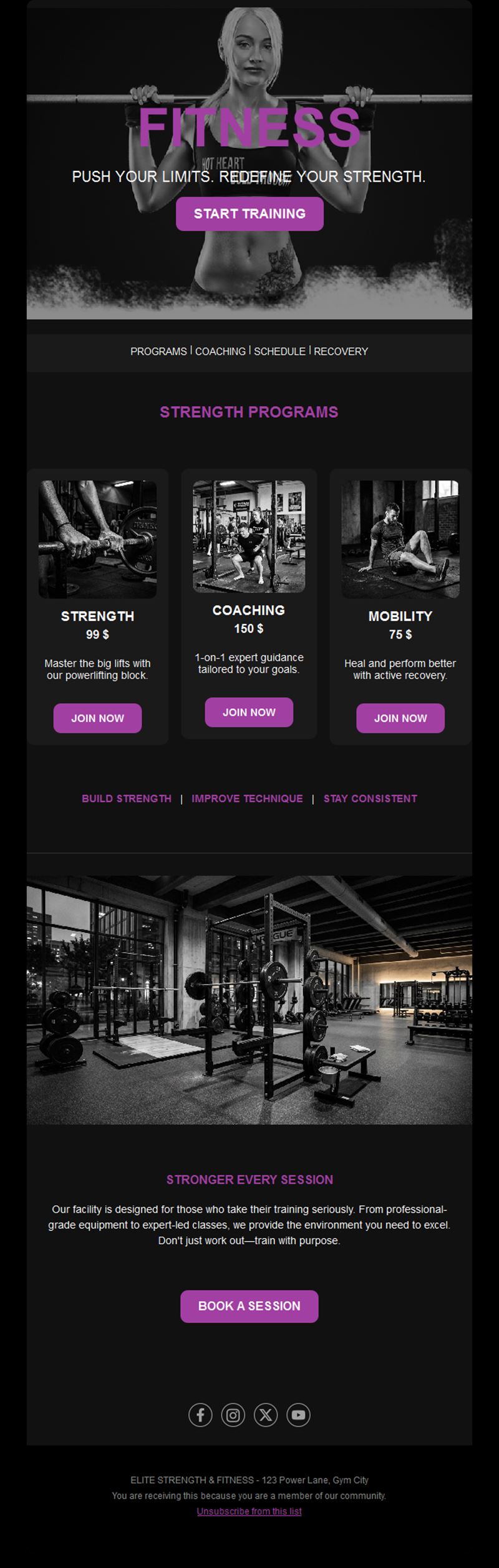 Purple strength training gym email