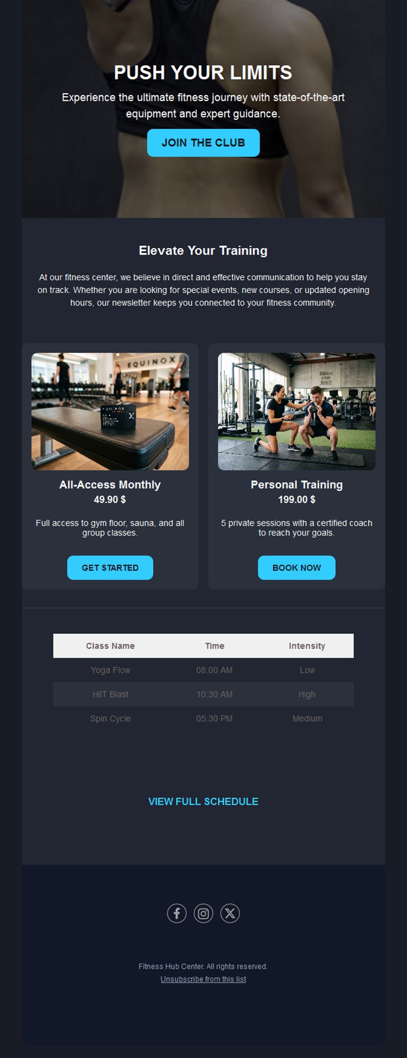 Fitness club newsletter with class schedule
