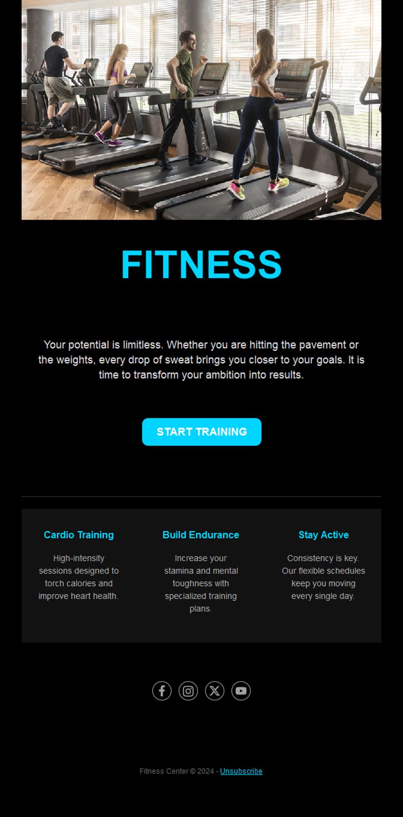 Simple black and cyan fitness email