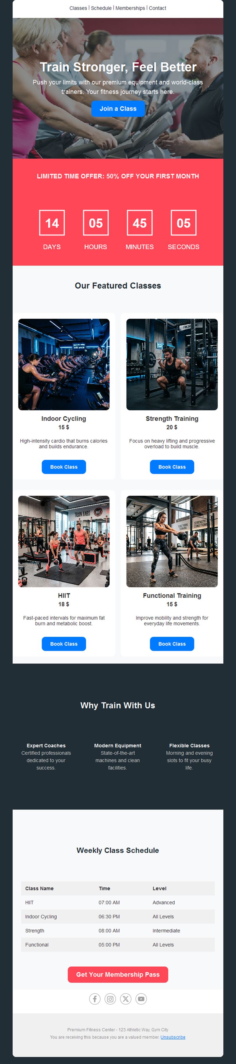 Fitness classes offer email with countdown