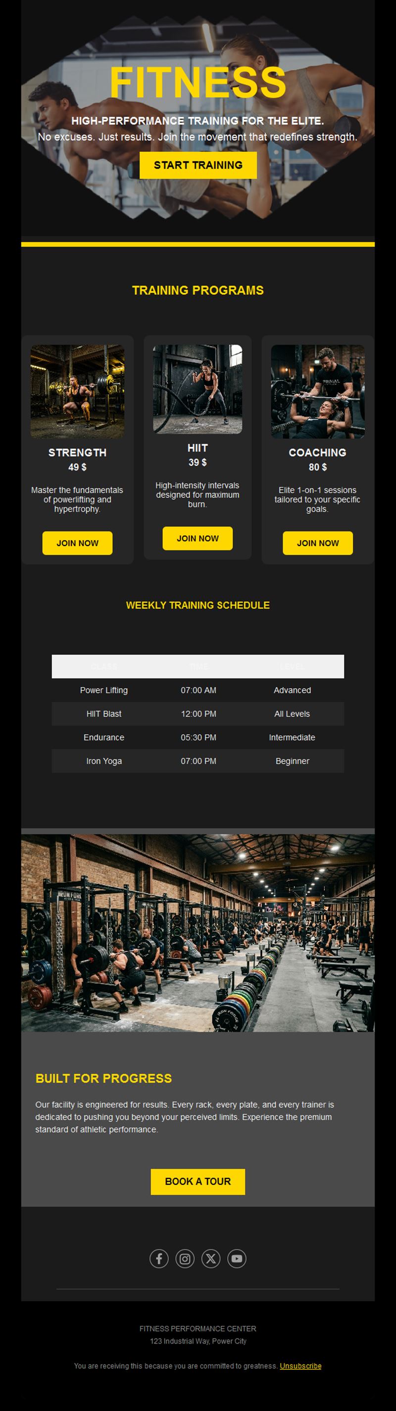 Gym training programs email with schedule