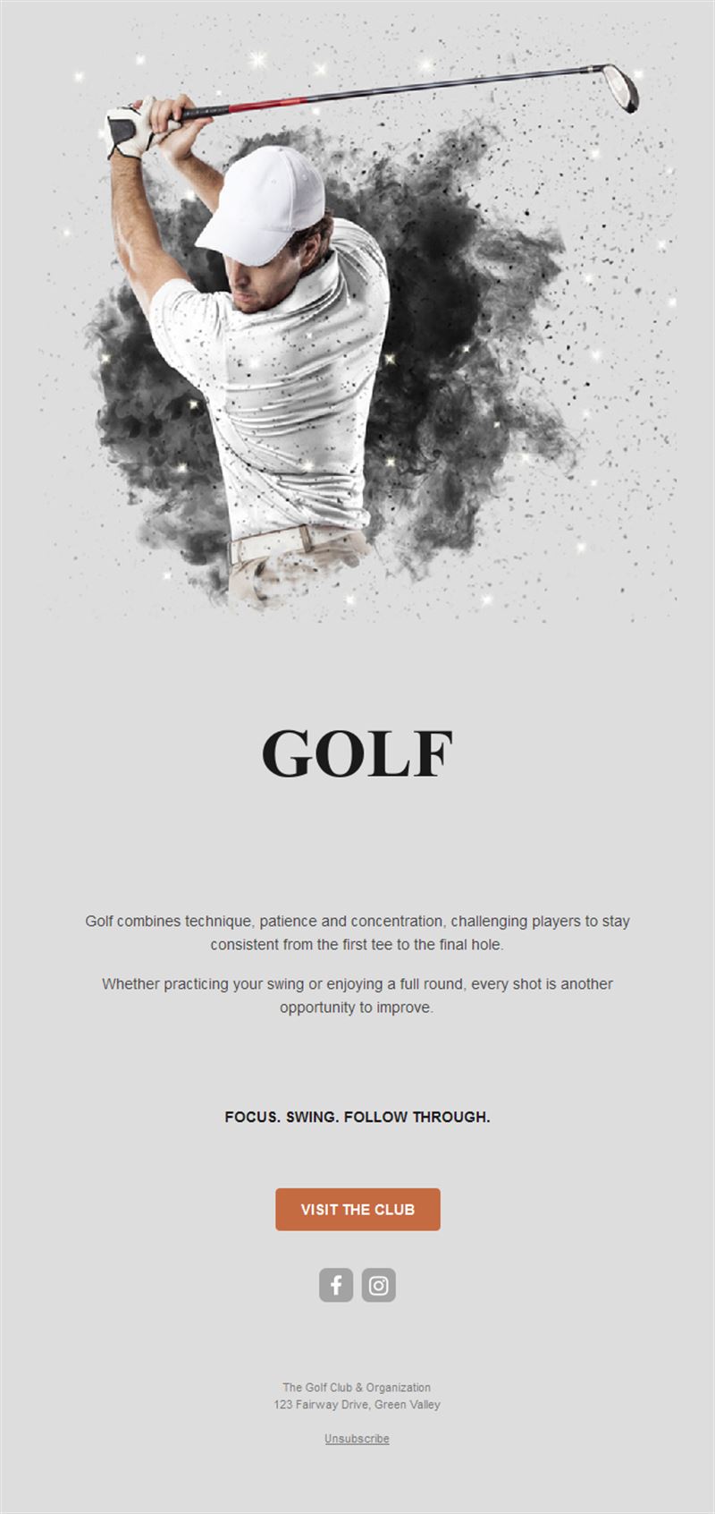 Grey golf club email with golfer