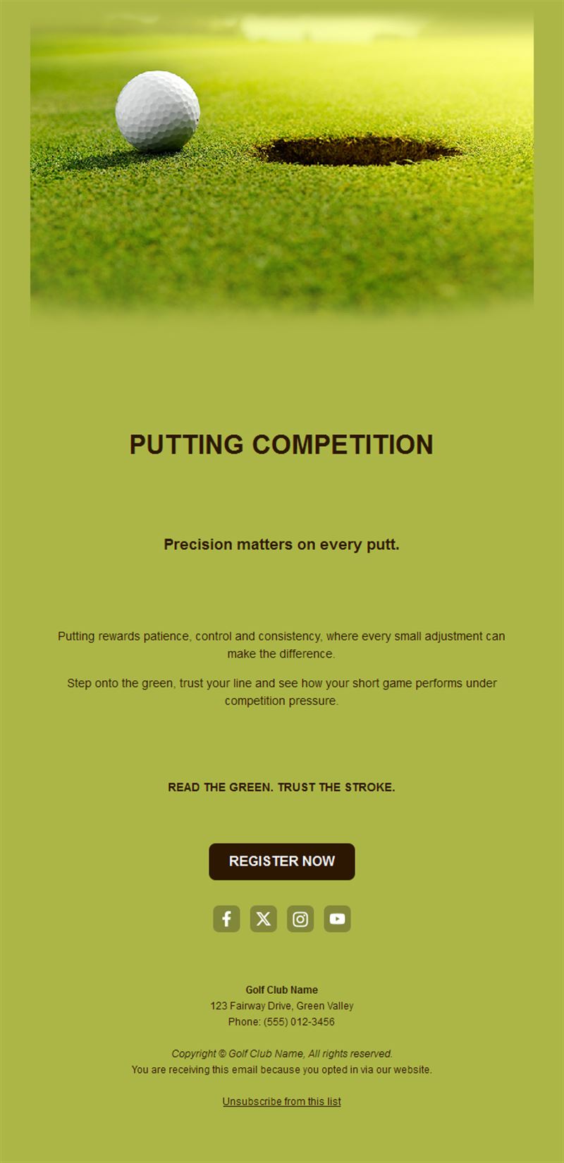 Putting competition golf email template