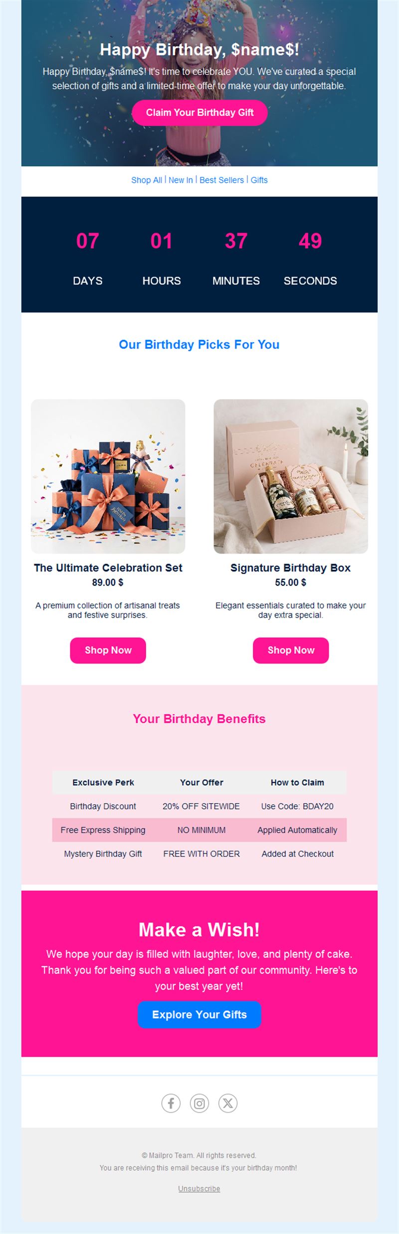 Birthday benefits email with countdown