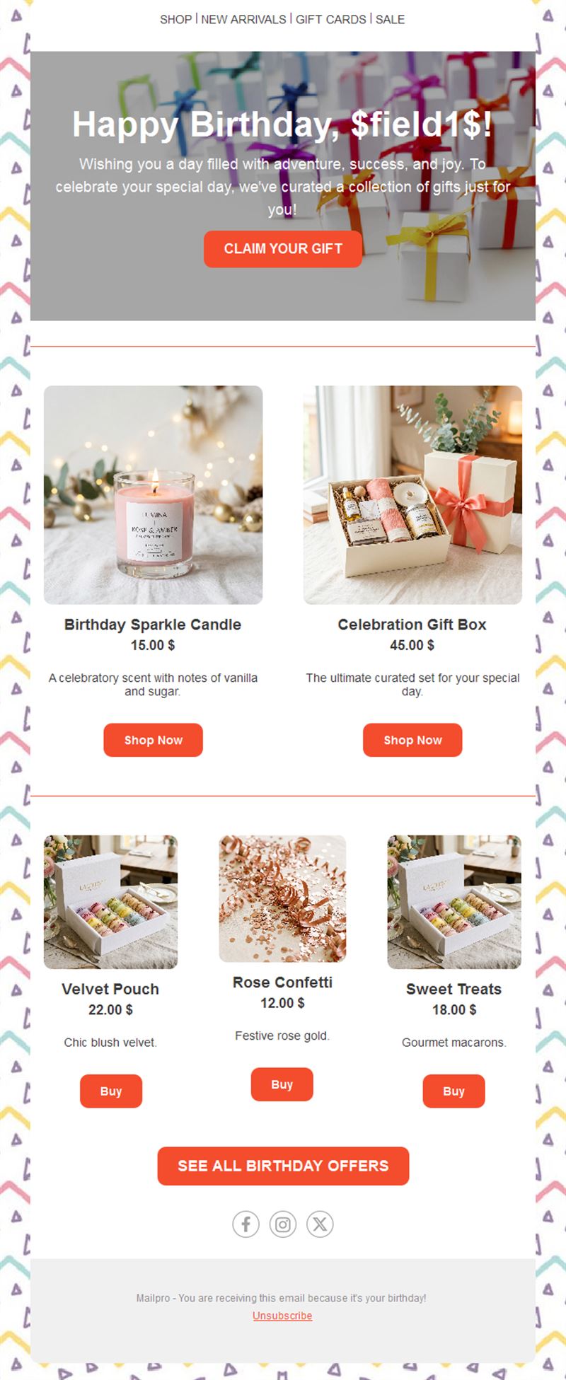 Birthday offers email with product grid