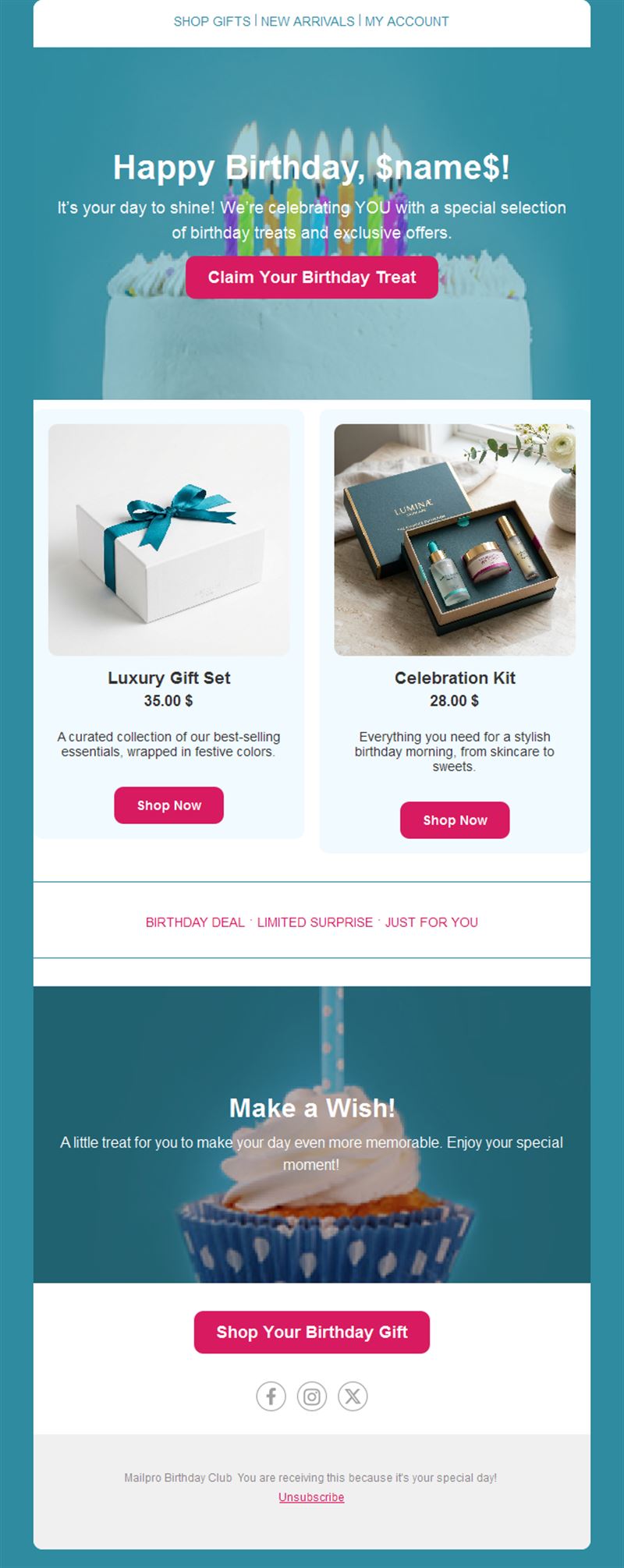 Teal birthday gift products email