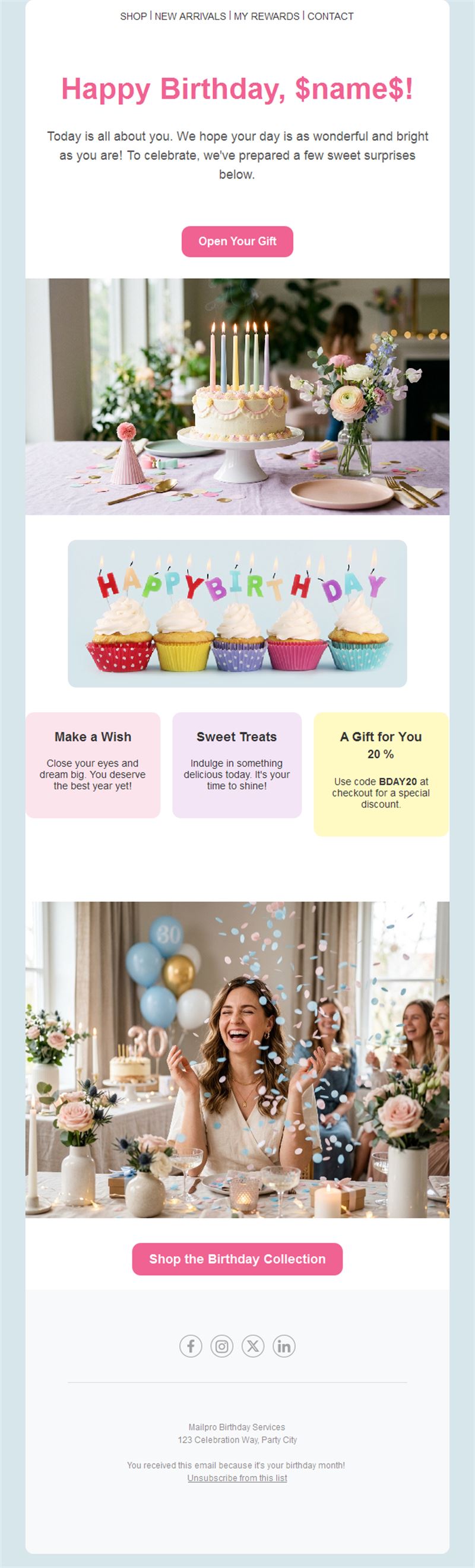Pink birthday email with discount code