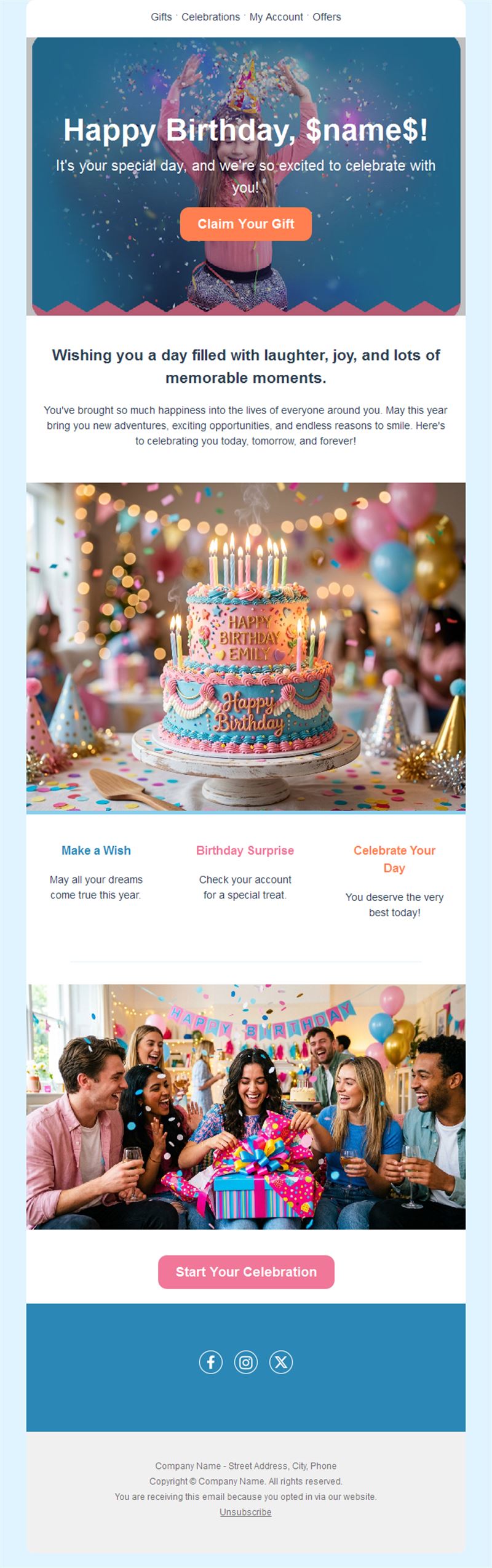 Colorful birthday cake email template