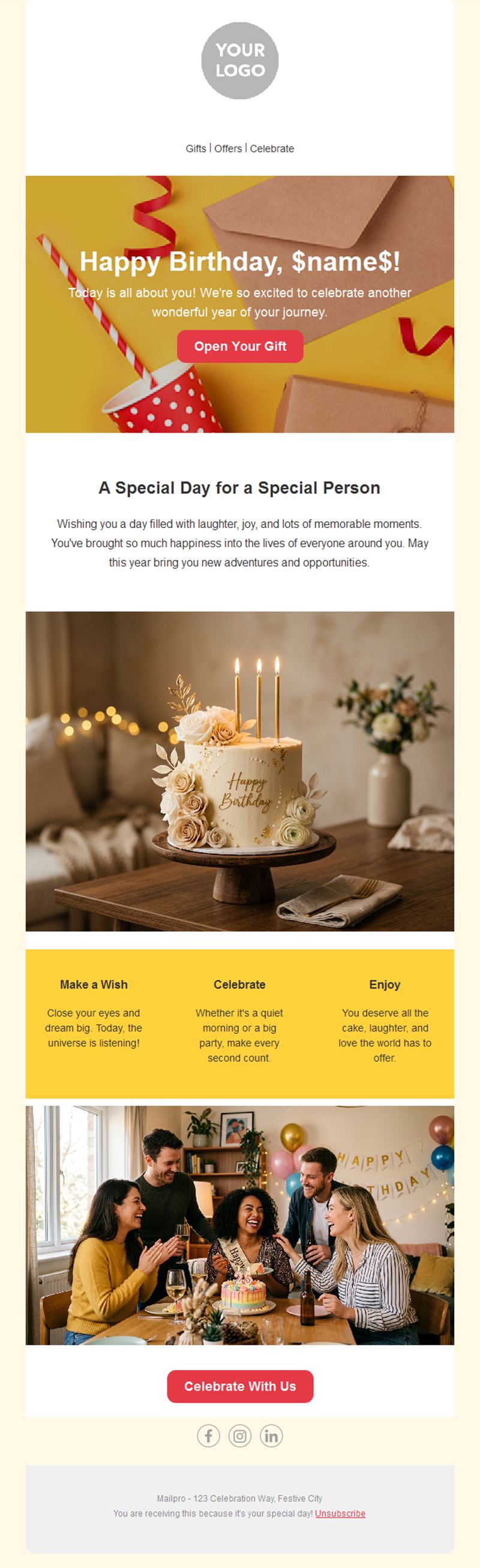 Yellow birthday gift email template