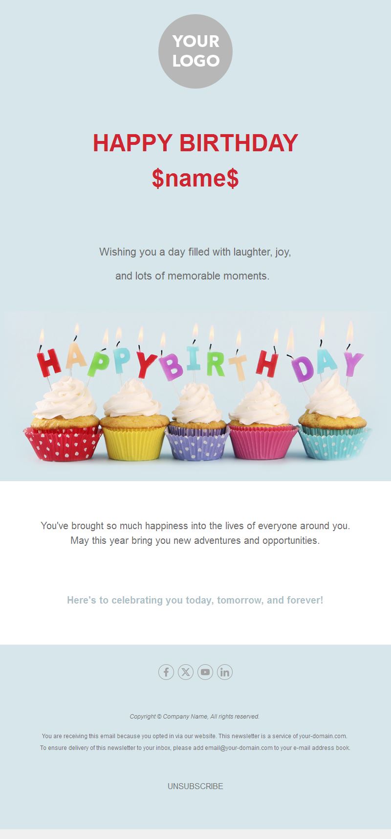 Simple birthday greeting email with cupcakes
