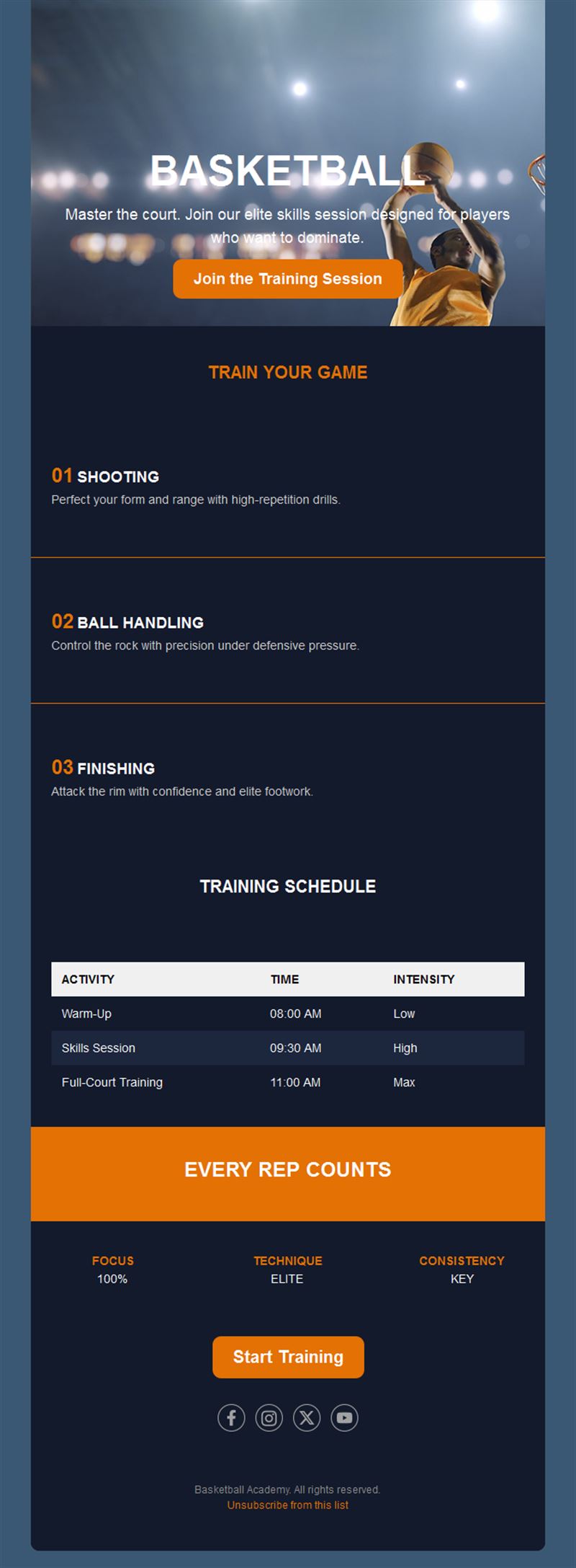 Basketball training session schedule email