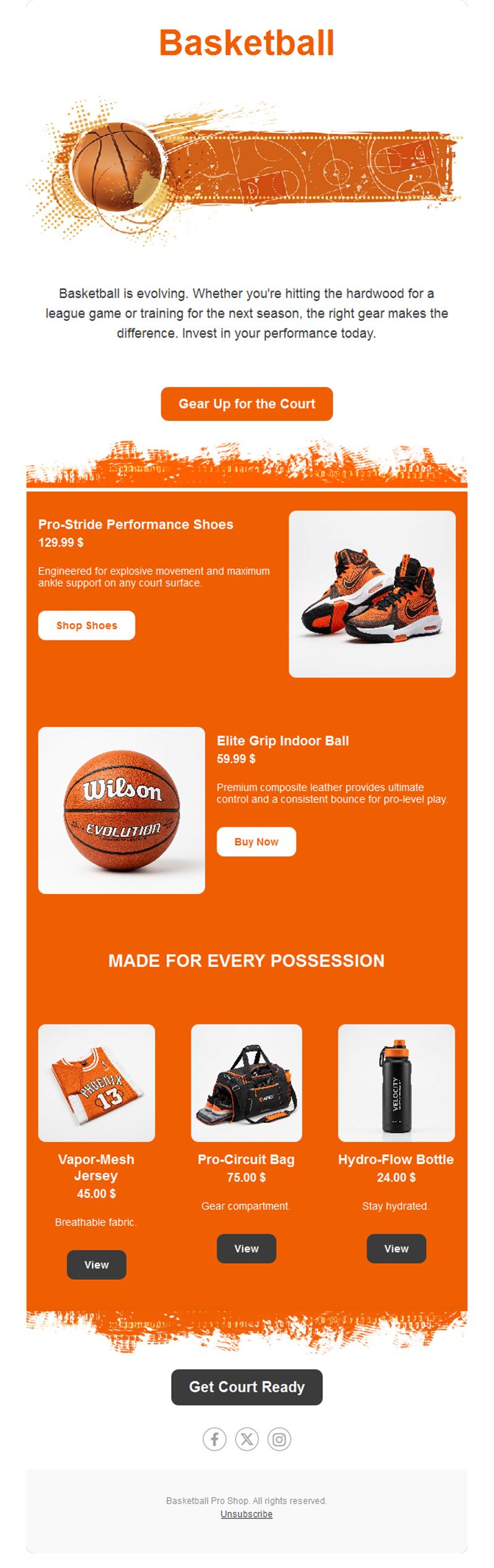 Orange basketball gear sale email template