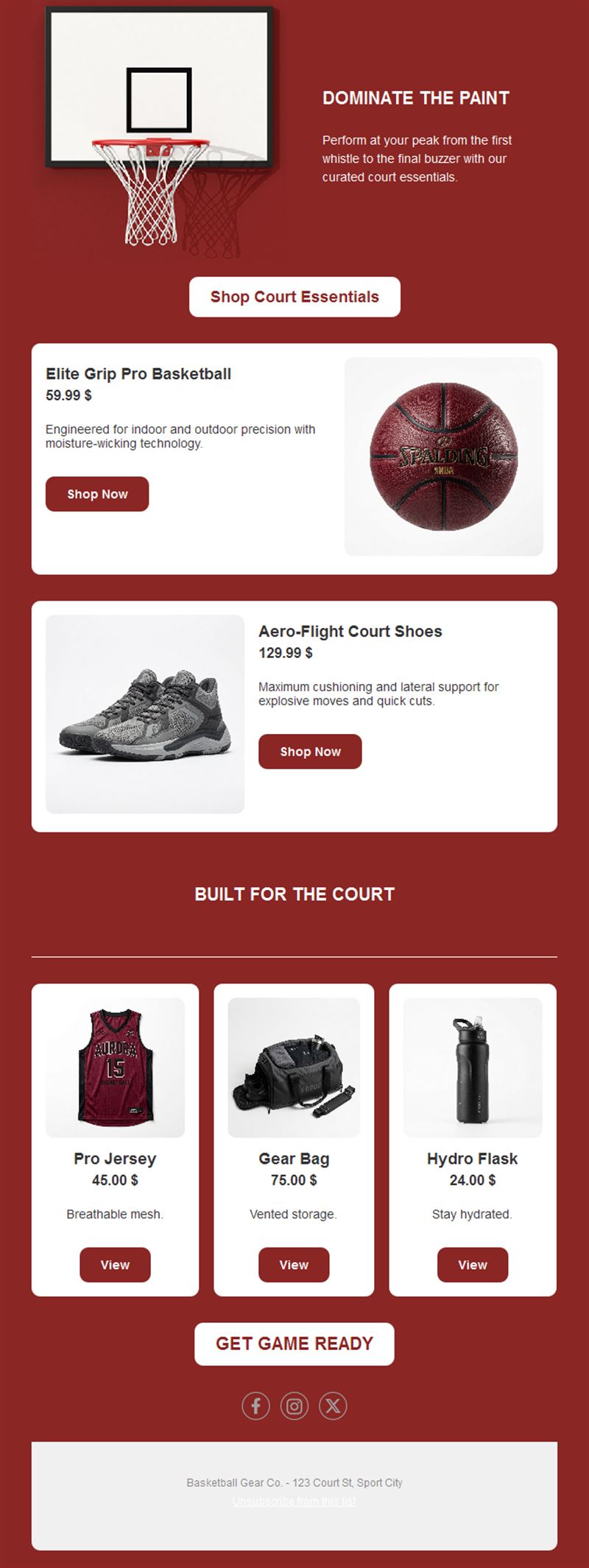 Red basketball gear shop email template