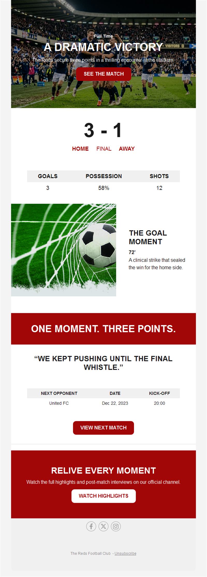 Football match result email template