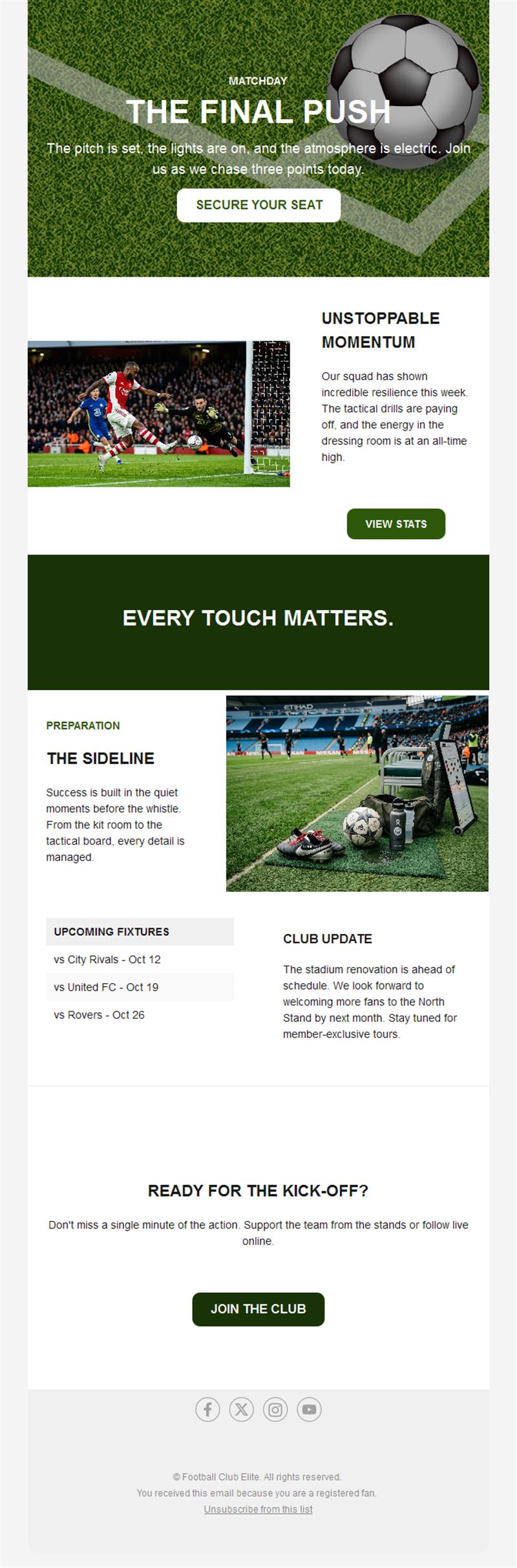 Football match day email with tickets