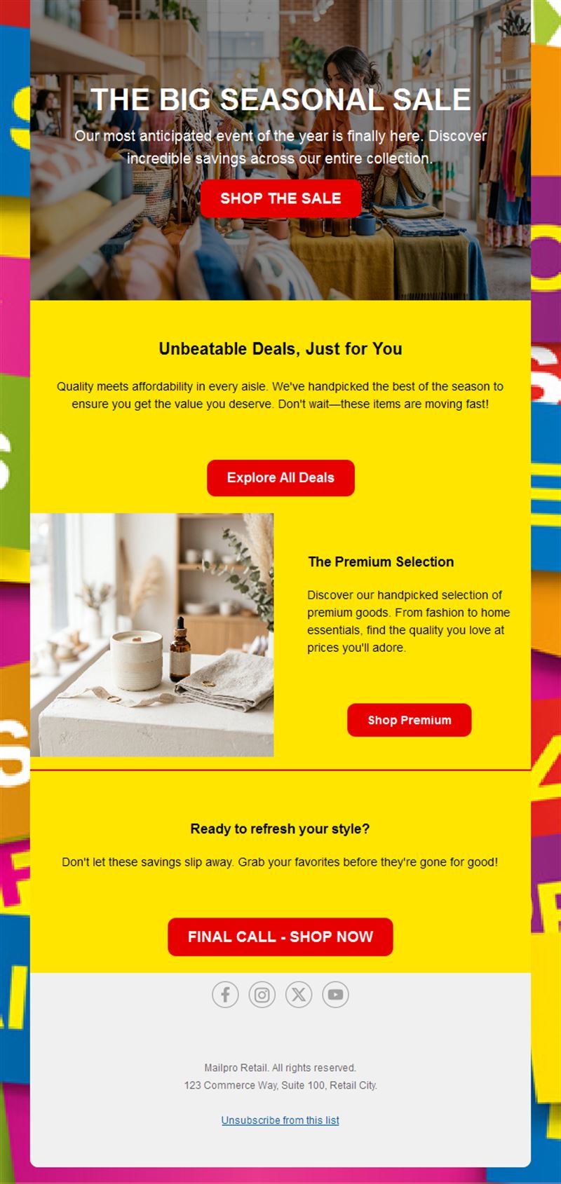 Big seasonal sale email in yellow