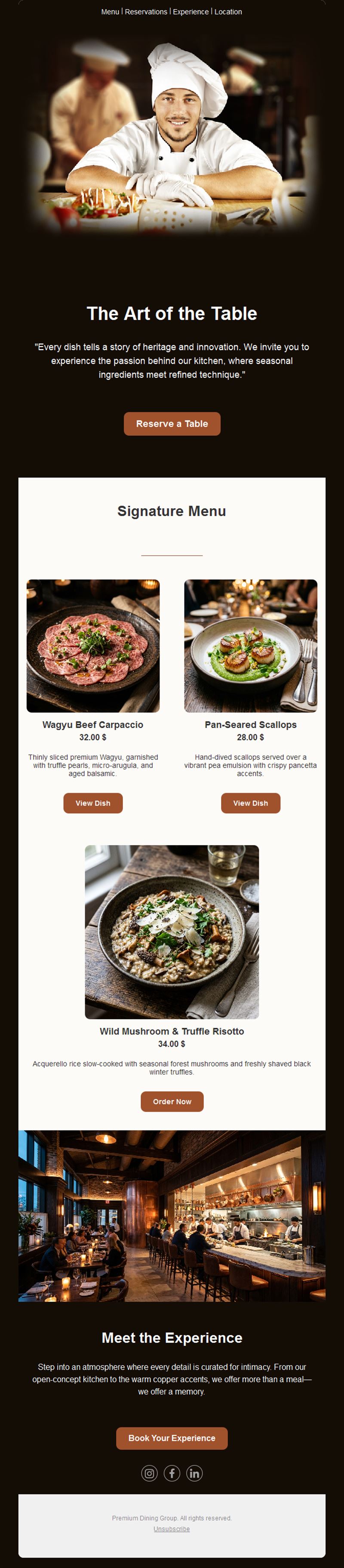 Chef's signature menu restaurant email