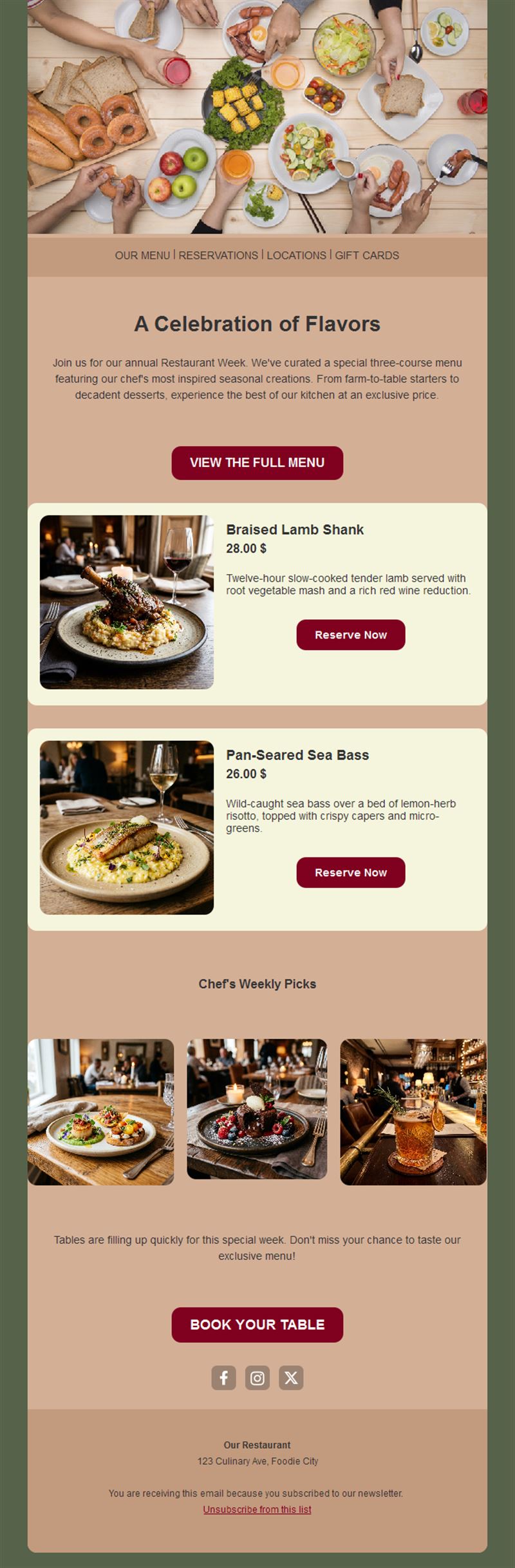 Restaurant week menu newsletter