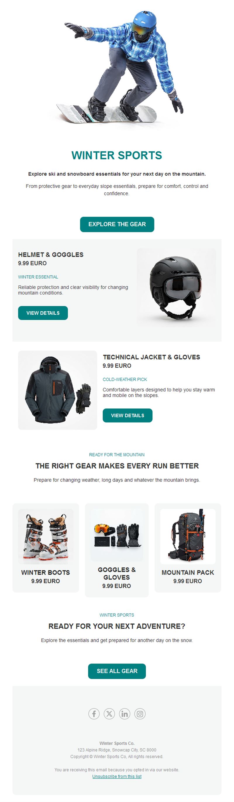 Winter sports gear shop newsletter